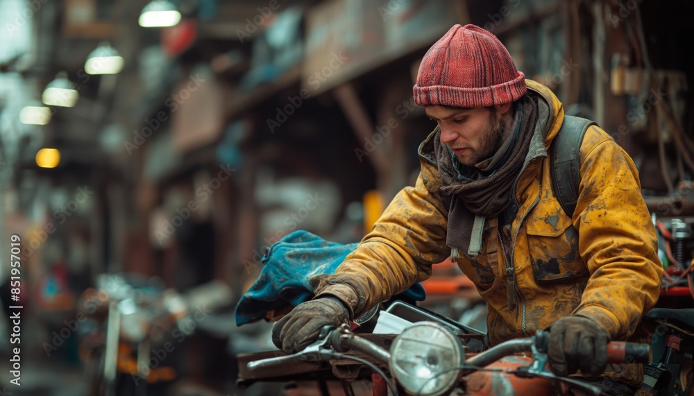 A worker wears a red helmet and dirty yellow jacket sits on an old motorcycle in a cluttered workshop A worker wears a red helmet and dirty yellow jacket sits on an old motorcycle in a cluttered workshop