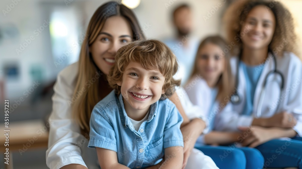 Obraz premium Close up photo of a cheerful smiling little elementary school child with family in pediatric clinic AI generated image