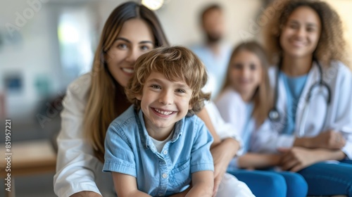 Close up photo of a cheerful smiling little elementary school child with family in pediatric clinic AI generated image