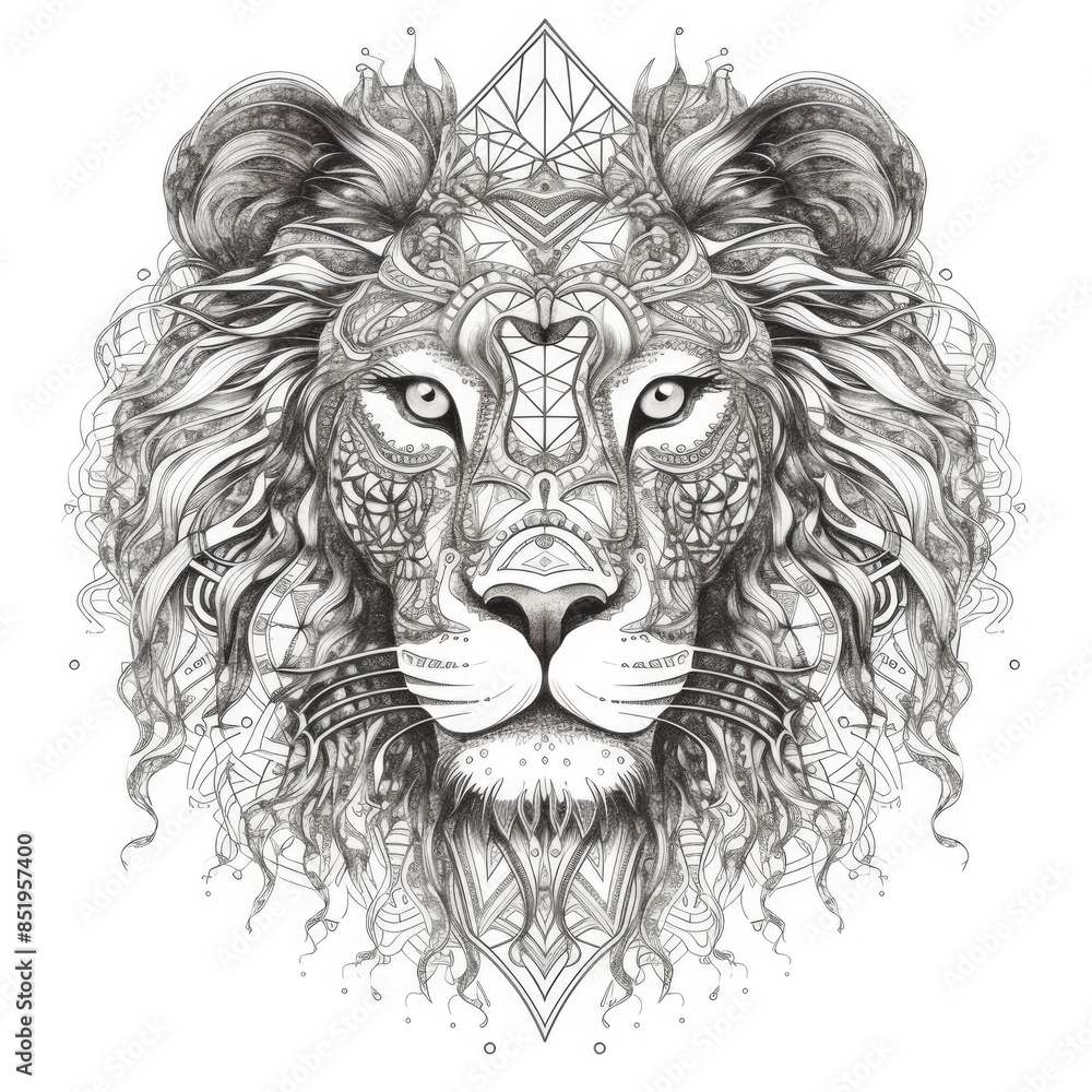 Obraz premium Lion Head Art. Lion Face with sacred geometry or ornamental mandala. Hand drawn Illustration for tattoo or t-shirt design, poster, emblem, badge, patch. Lion Head, Tattoo art, Artwork
