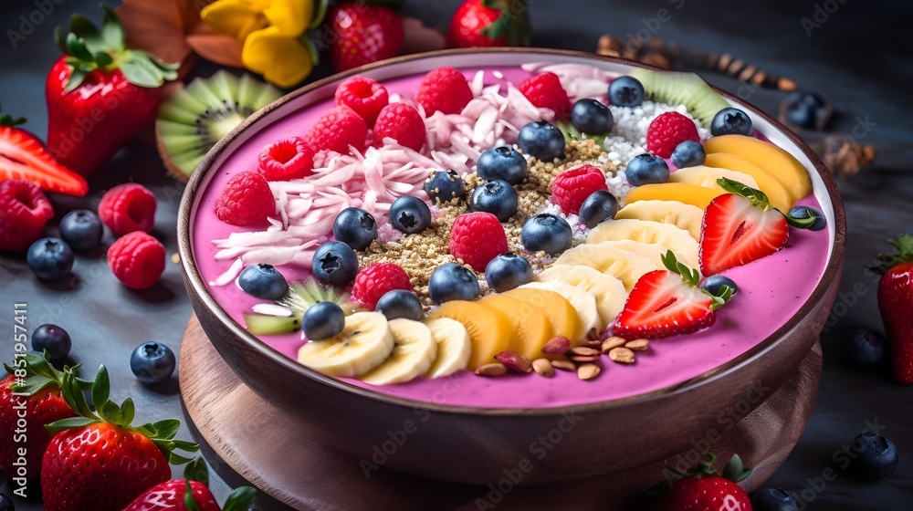 Colorful Acai Smoothie Bowl with Fresh Berries, Banana, and Coconut Toppings. Colorful Acai Smoothie Bowl with Fresh Berries, Banana, and Coconut Toppings.