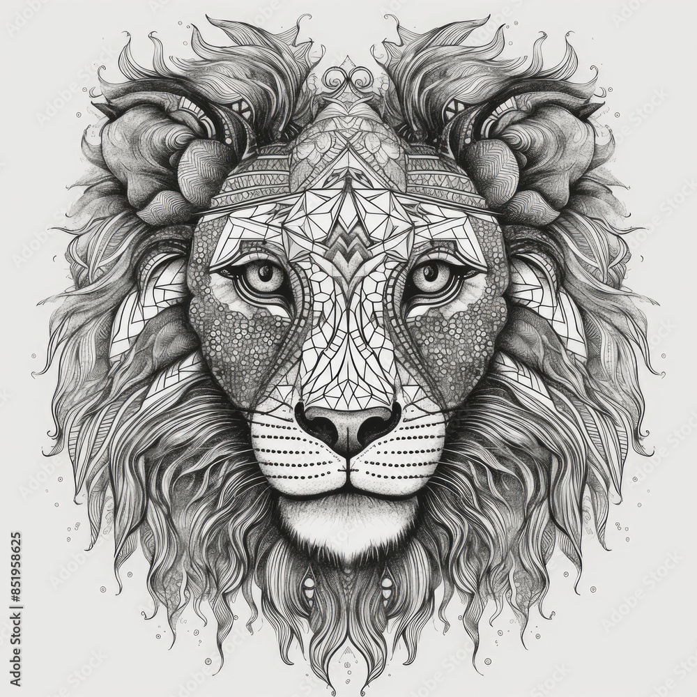 Fototapeta premium Lion Head. Lion Face with sacred geometry or ornamental mandala. Hand drawn Illustration for tattoo or t-shirt design, poster, emblem, badge, patch. Lion Head, Tattoo art, Artwork