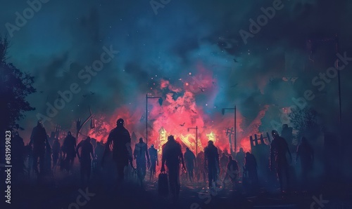 Wallpaper Mural Zombie crowd walking at night, halloween concept,illustration painting Torontodigital.ca