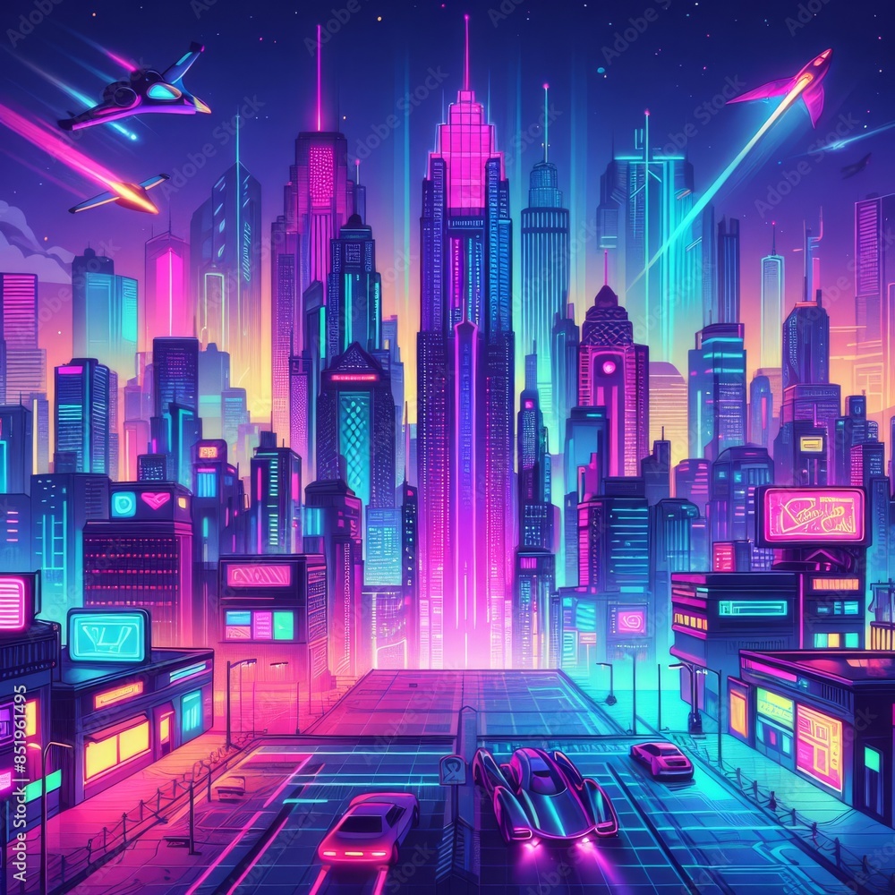 A vivid depiction of a futuristic city illuminated by neon lights. Flying vehicles zip through the sky, highlighting advanced technology and a bustling urban environment.. AI Generation A vivid depiction of a futuristic city illuminated by neon lights. Flying vehicles zip through the sky, highlighting advanced technology and a bustling urban environment.. AI Generation