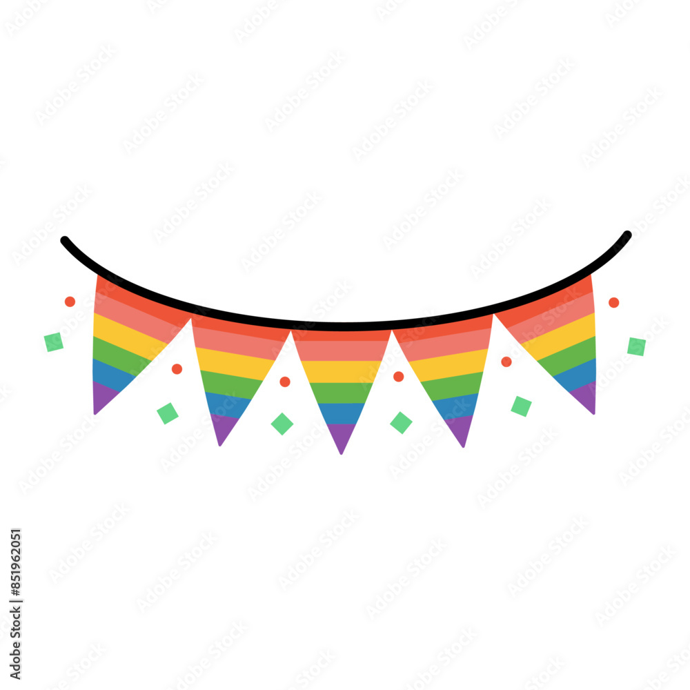 Rainbow-colored Garland of flags in a flat style. Design element LGBTQ culture decoration, t-shirt, flag, postcard, poster, social media post. Pride month. Rainbow-colored Garland of flags in a flat style. Design element LGBTQ culture decoration, t-shirt, flag, postcard, poster, social media post. Pride month.