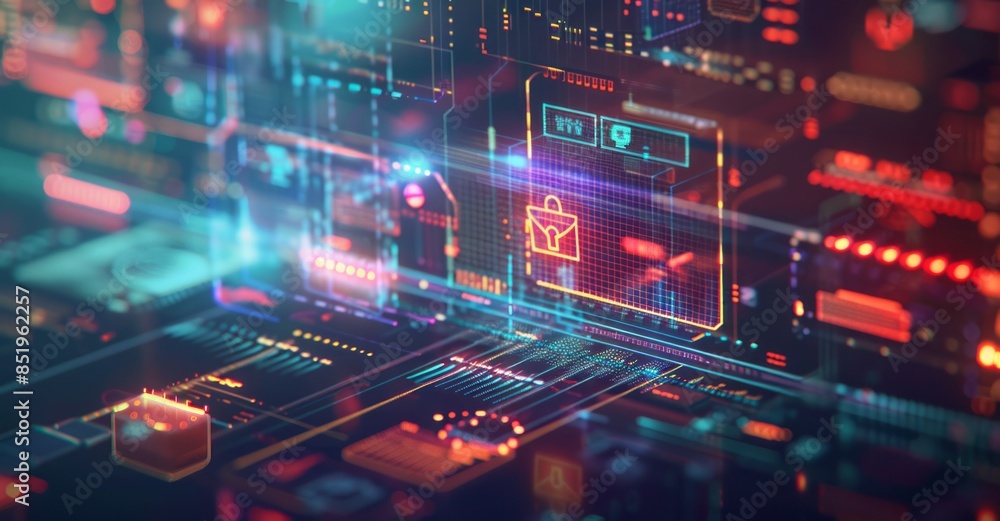 A digital illustration of data security with icons representing a network fence, padlock and computer screen A digital illustration of data security with icons representing a network fence, padlock and computer screen