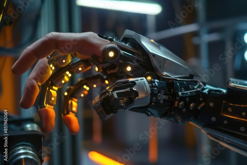 An augmented reality closeup of a human hand controlling a robotic arm, demonstrating seamless humantechnology cooperation