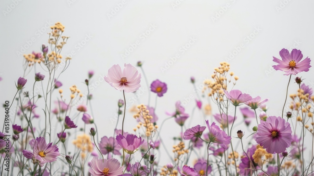 Purple and golden flowers against a white backdrop Purple and golden flowers against a white backdrop