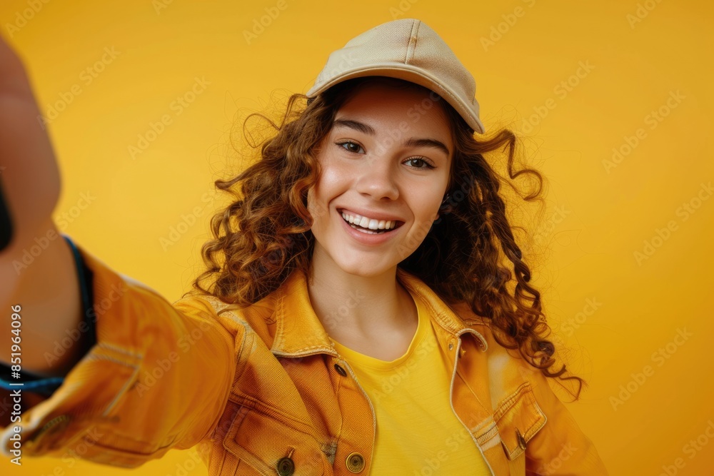 Model Selfie. Attractive Girl Taking Selfie with Smartphone in Bright Yellow Background Model Selfie. Attractive Girl Taking Selfie with Smartphone in Bright Yellow Background