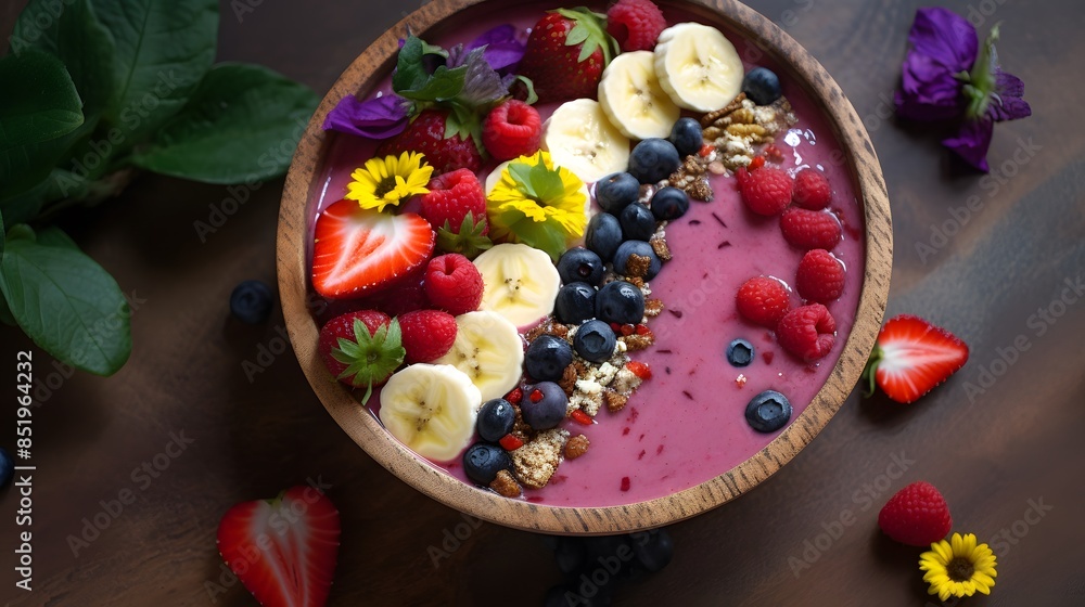 Colorful Acai Smoothie Bowl with Fresh Berries, Banana, and Coconut Toppings. Colorful Acai Smoothie Bowl with Fresh Berries, Banana, and Coconut Toppings.