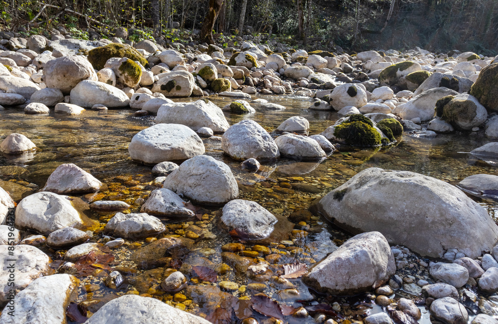 the texture of the riverbank with a stone bed and a leisurely flow, autumn park the texture of the riverbank with a stone bed and a leisurely flow, autumn park