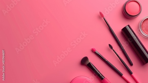 Cosmetic products and tools arranged on pink backdrop Aesthetic layout with empty space Emphasis on beauty and style