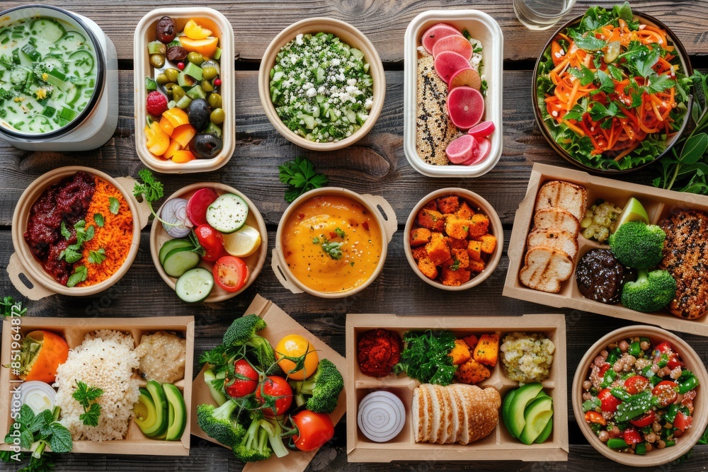 Take Out Meals. Top View of Healthy Food Selection on Wooden Background Take Out Meals. Top View of Healthy Food Selection on Wooden Background