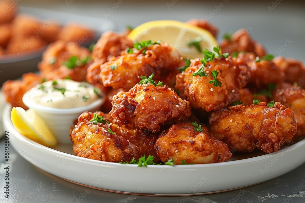 Perfectly fried chicken karaage served hot on a white ceramic plate with a side of Japanese mayo and a wedge of lemon Perfectly fried chicken karaage served hot on a white ceramic plate with a side of Japanese mayo and a wedge of lemon