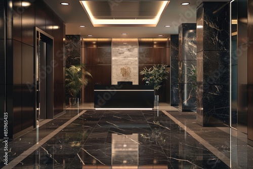 Corporate Office Lobby. Stylish Dark Interior Design in Contemporary Architecture