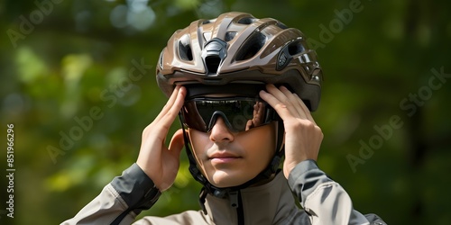 Closeup of a man in cycling gear adjusting his helmet outdoors. Concept Cycling Gear, Outdoor Activity, Closeup Portrait, Safety Precautions, Sports Lifestyle © Ян Заболотний