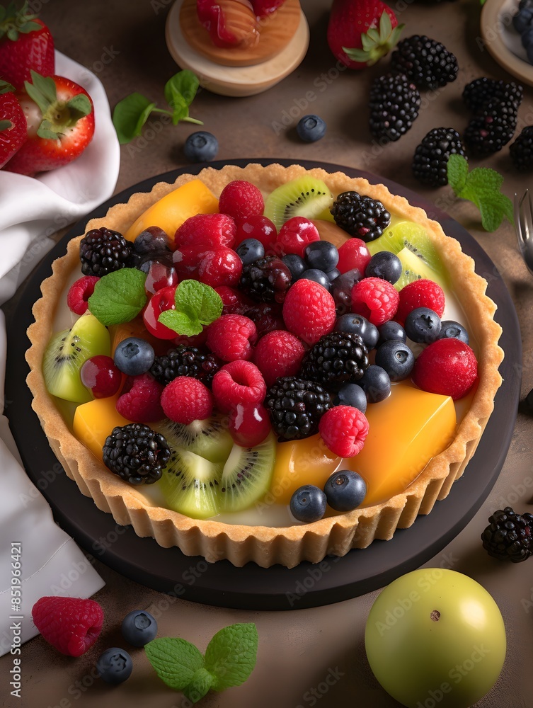 Vibrant Mixed Fruit Tart with Kiwi, Berries, and Peach Glaze. Vibrant Mixed Fruit Tart with Kiwi, Berries, and Peach Glaze.