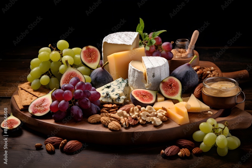 Elegant cheese platter with assorted fruits, nuts, and crackers.