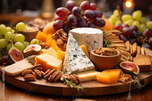 Elegant cheese platter with assorted fruits, nuts, and crackers.