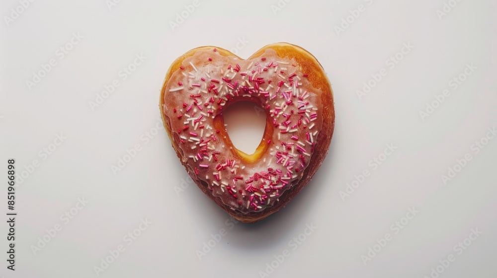 A heart shaped donut set against a crisp white backdrop A heart shaped donut set against a crisp white backdrop