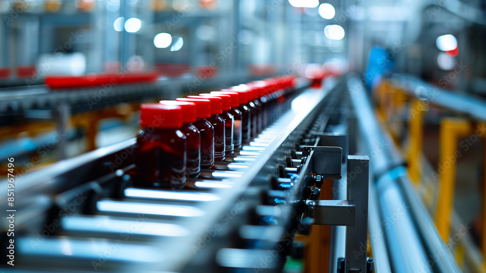 Fototapeta premium Close up of soda bottles on conveyor