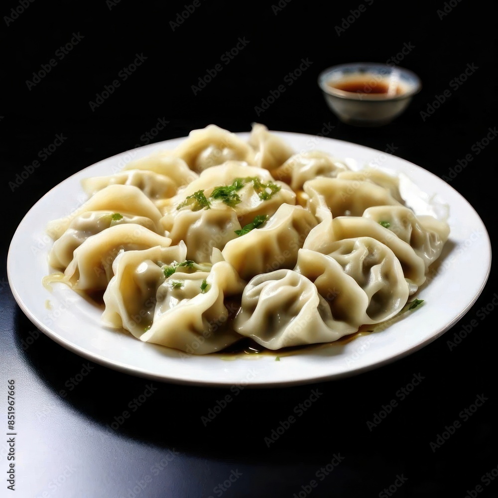 Delicious Steamed Dumplings with Soy Sauce on White Plate, AI-Generated Culinary Delight Delicious Steamed Dumplings with Soy Sauce on White Plate, AI-Generated Culinary Delight