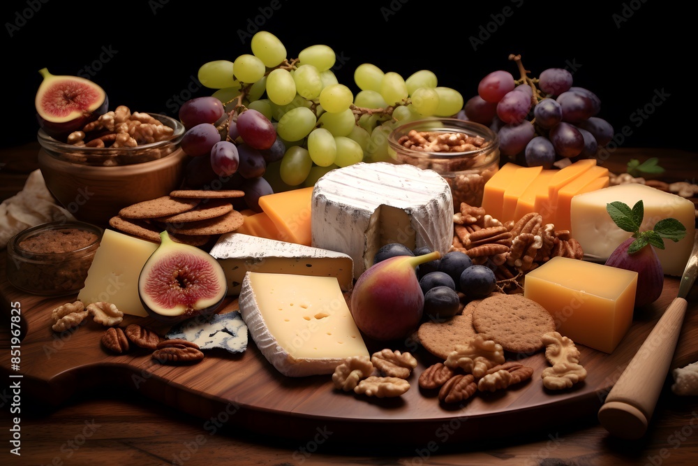 Elegant cheese platter with assorted fruits, nuts, and crackers. Elegant cheese platter with assorted fruits, nuts, and crackers.