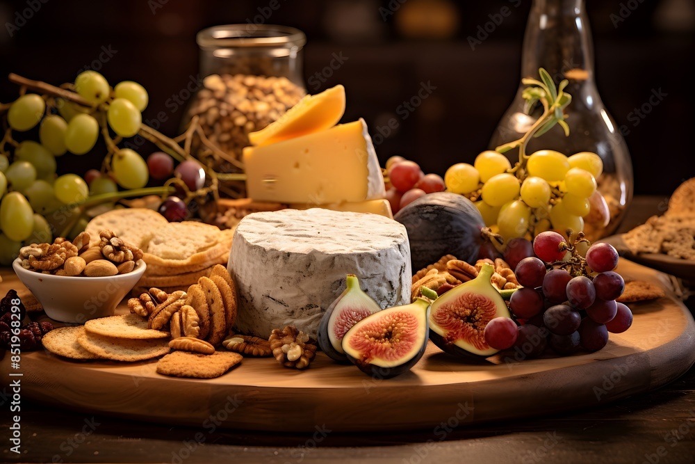 Elegant cheese platter with assorted fruits, nuts, and crackers. Elegant cheese platter with assorted fruits, nuts, and crackers.