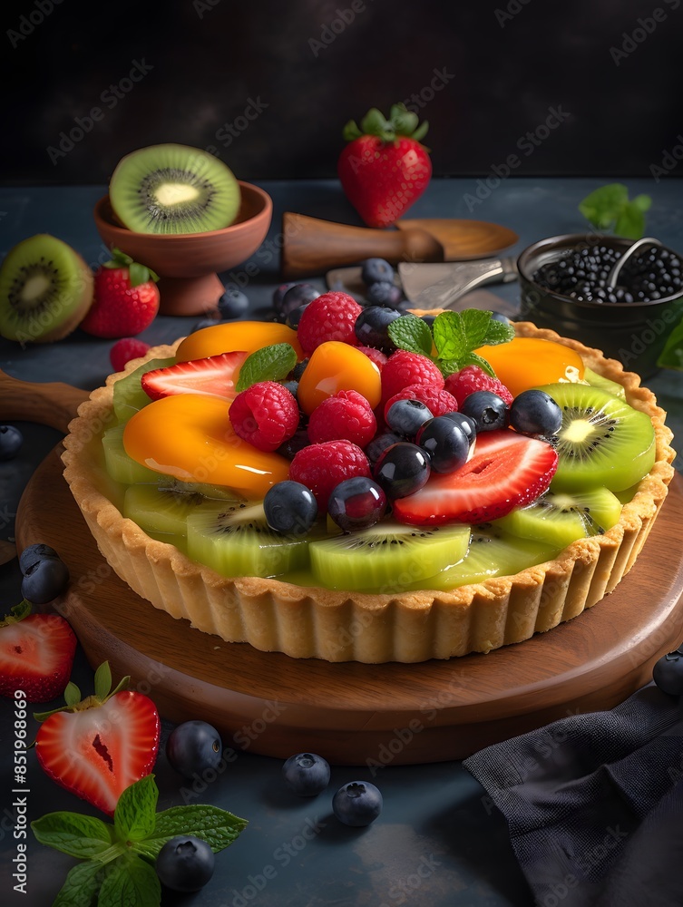 Vibrant Mixed Fruit Tart with Kiwi, Berries, and Peach Glaze. Vibrant Mixed Fruit Tart with Kiwi, Berries, and Peach Glaze.