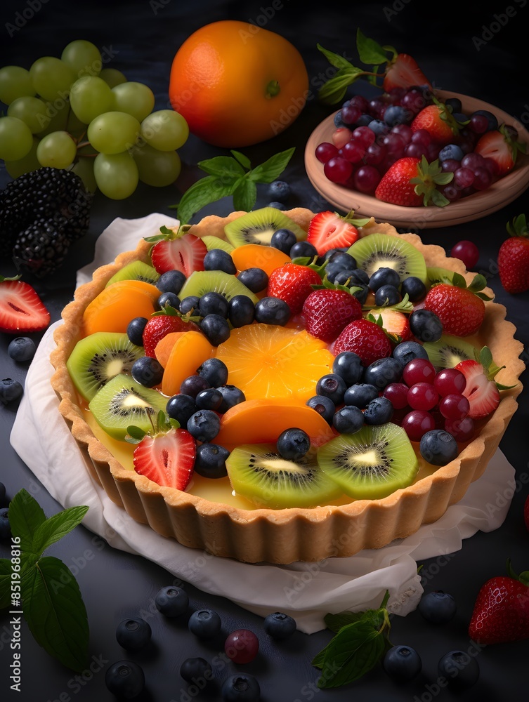 Vibrant Mixed Fruit Tart with Kiwi, Berries, and Peach Glaze. Vibrant Mixed Fruit Tart with Kiwi, Berries, and Peach Glaze.