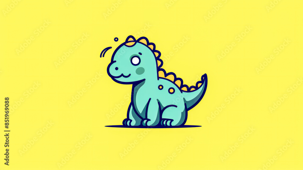 Obraz premium A cartoon dinosaur is sitting on a yellow background.