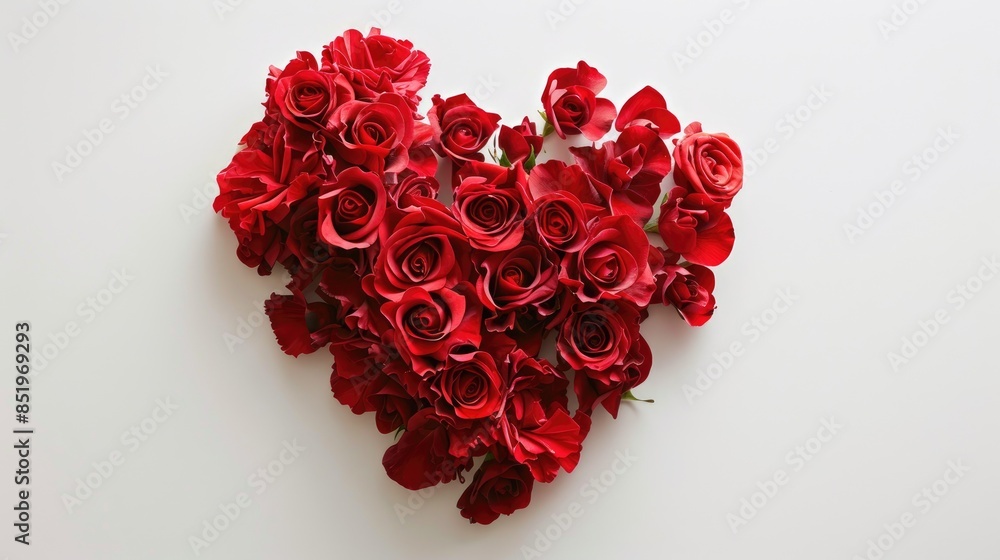 A charming Valentine s Day heart sculpted from vibrant red roses stands out against a crisp white background A charming Valentine s Day heart sculpted from vibrant red roses stands out against a crisp white background
