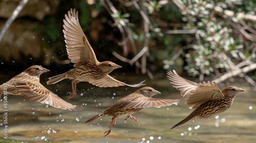 A cluster of birds in flight above a water body borders on a dense green forest teeming with numerous trees A cluster of birds in flight above a water body borders on a dense green forest teeming with numerous trees