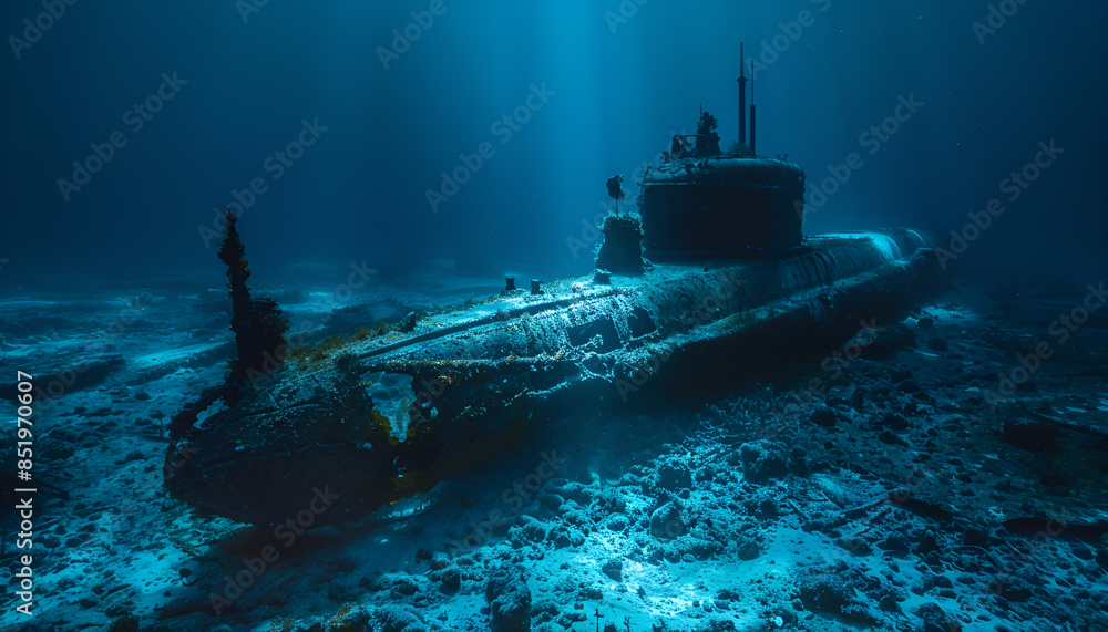 Spooky underwater photo of a sunken submarine lit up on the ocean bed Spooky underwater photo of a sunken submarine lit up on the ocean bed