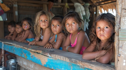 A group of young girls sitting next to each other in a row, looking in the same direction