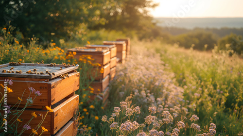 bee hives in the field surround flowers and grass