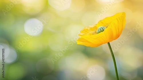 Yellow poppy flower in side view with blurred background and space for text photo