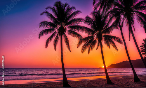silhouette of palm trees against a summer sunset background