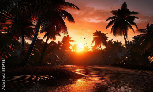 silhouette of palm trees against a summer sunset background