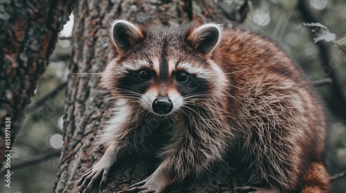  A tight shot of a raccoon gazing at the camera from a tree branch against a softly blurred backdrop