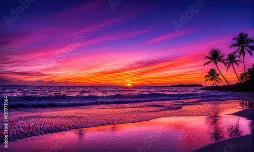 silhouette of palm trees against a summer sunset background