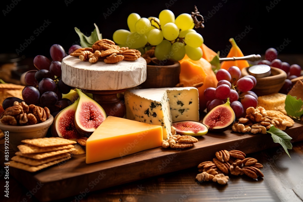 Elegant cheese platter with assorted fruits, nuts, and crackers. Elegant cheese platter with assorted fruits, nuts, and crackers.