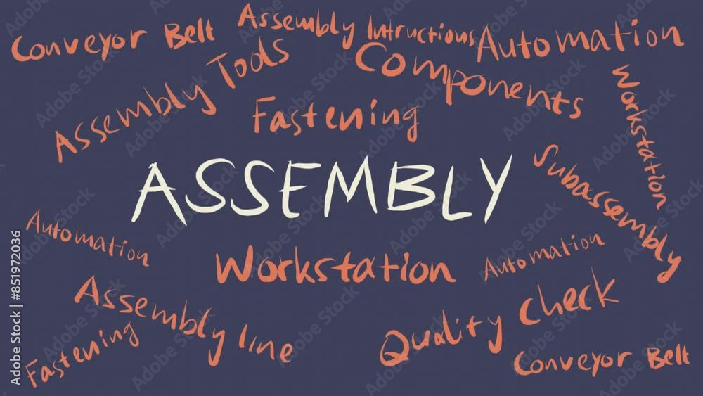 The word assembly is white on a navy blue background, designed in a ...