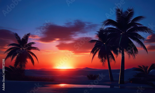 silhouette of palm trees against a summer sunset background