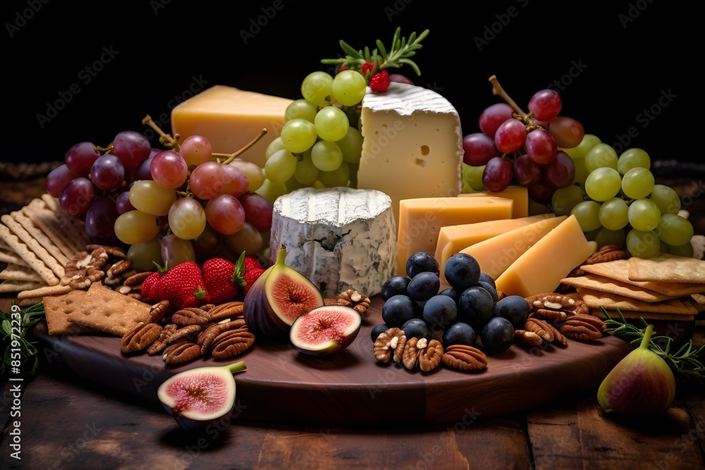 Elegant cheese platter with assorted fruits, nuts, and crackers. Elegant cheese platter with assorted fruits, nuts, and crackers.