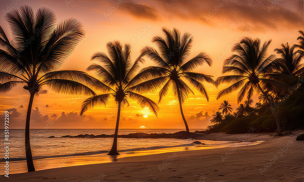 Obraz premium silhouette of palm trees against a summer sunset background