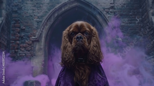 A brown dog in a purple cape stands before a building, emitting purple smoke photo