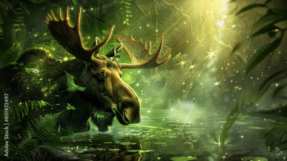 A moose, boasting large antlers, stands near a forested body of water teeming with lily pads A moose, boasting large antlers, stands near a forested body of water teeming with lily pads