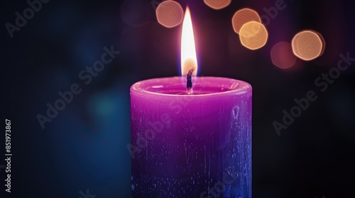 Close up image of a violet candle burning on a dark background with funeral connotations photo