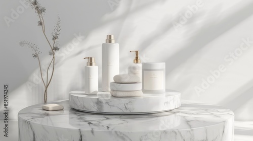 White marble circular podium for bath products in bathroom spa toiletries liquid soap Cosmetics display background Front view